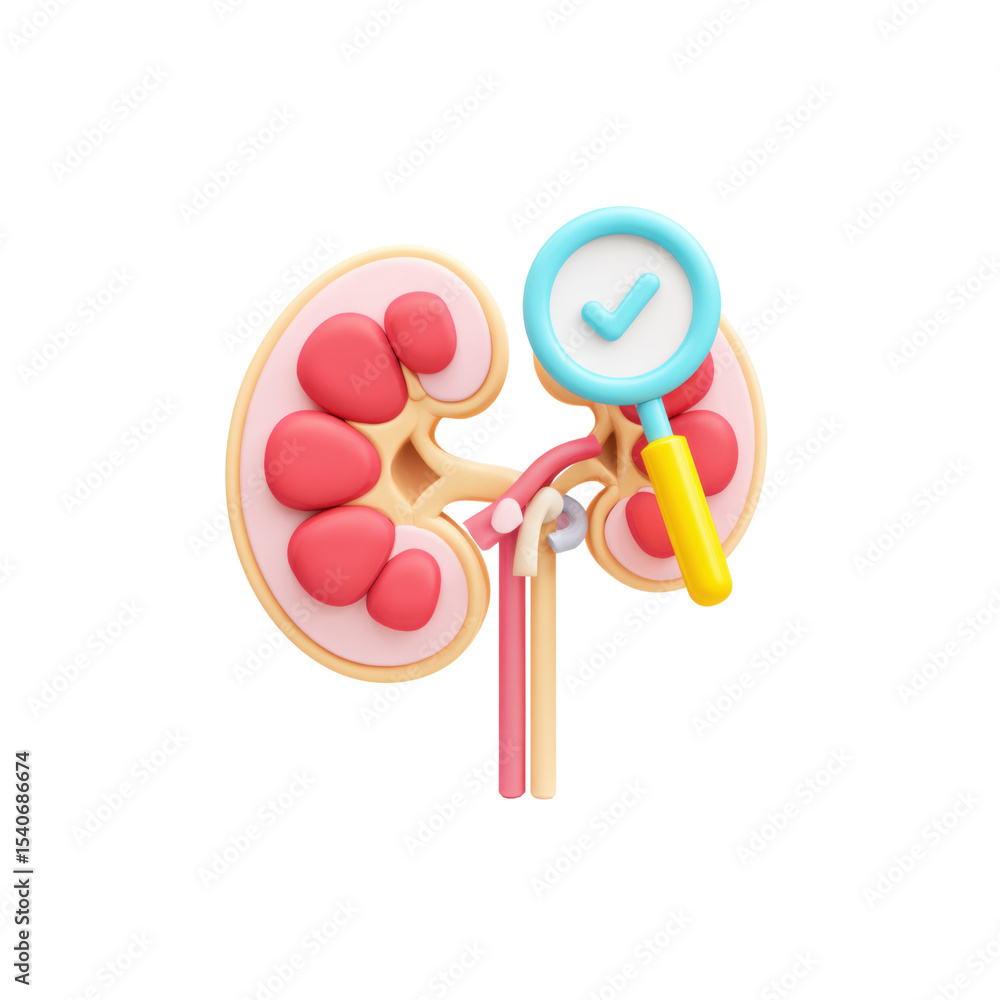 A simplified, cartoonish image of a cross-section of a kidney with a magnifying glass and a light blue check mark symbolizing review and approval A simplified, cartoonish image of a cross-section of a kidney with a magnifying glass and a light blue check mark symbolizing review and approval