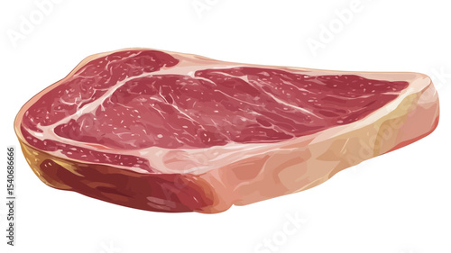 Close-up studio shot of a single raw beef steak against a white background. The steak is presented from a high angle, showcasing its marbling, texture, and overall shape.  