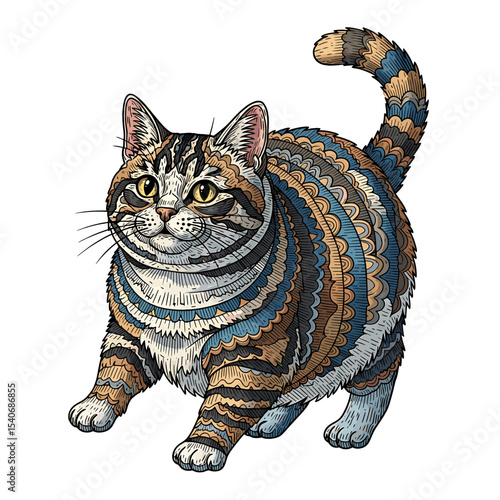 Ornate illustration of a plump cat with decorative patterns.