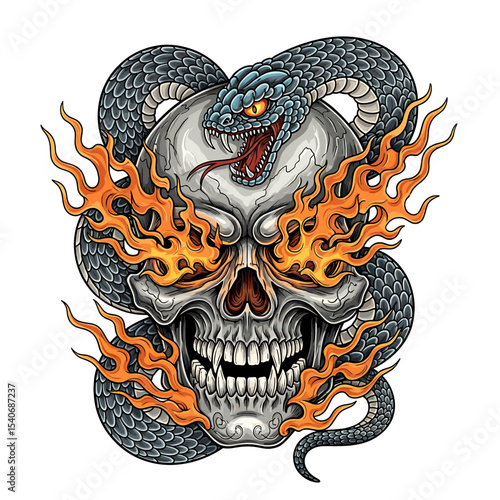 A stylized skull graphic, adorned with a snake and flames, evokes a powerful and intense design.