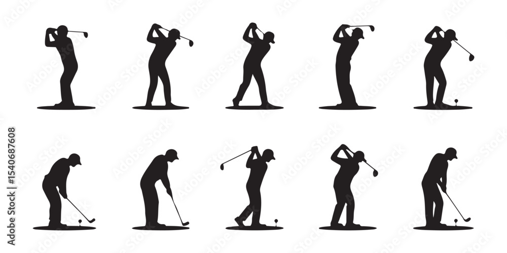 Golfers in Action: Silhouette Collection of Diverse Swing Positions, A collection of black silhouette illustrations of golfers in various swing positions, from backswing to downswing vector art Golfers in Action: Silhouette Collection of Diverse Swing Positions, A collection of black silhouette illustrations of golfers in various swing positions, from backswing to downswing vector art