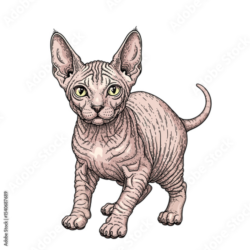 A delicately rendered illustration of a young Sphynx cat, standing alert, showcasing its unique hairless coat and expressive eyes.