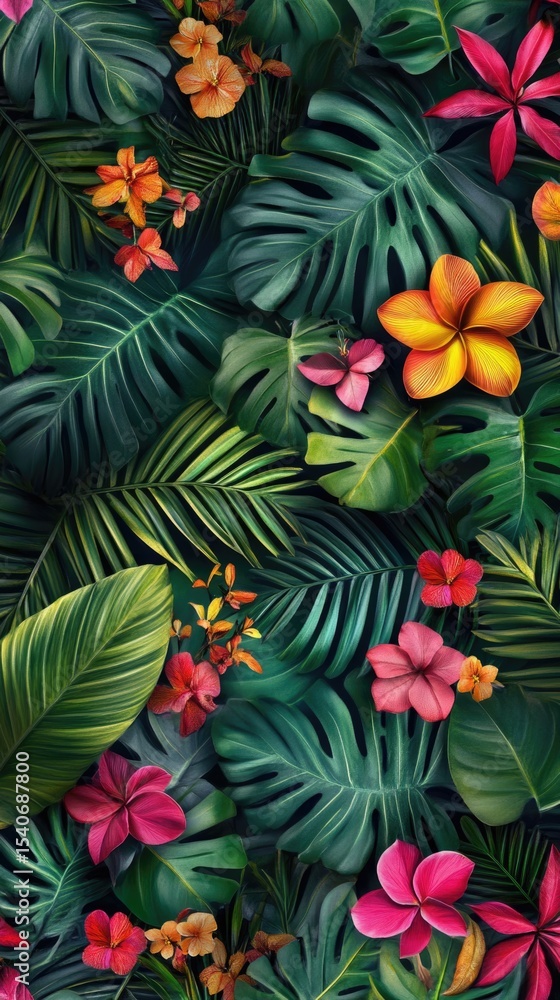 Flowers and foliage background. Tropical leaves and colorful flowers on dark foliage nature background. Flowers and foliage background. Tropical leaves and colorful flowers on dark foliage nature background.