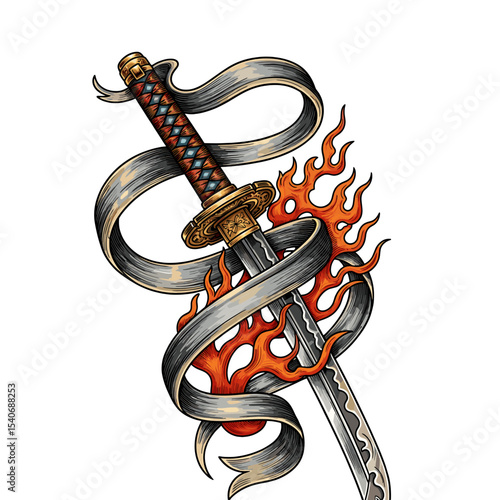 Illustration of a katana sword wrapped in a ribbon and surrounded by stylized flames.