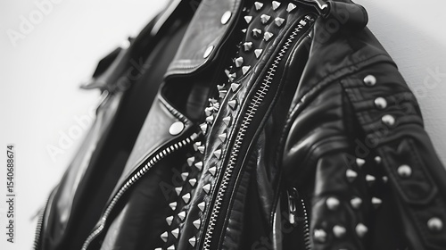 Close-up of a black leather jacket with studs.