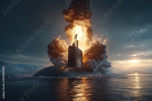 Nuclear war. Launch of a nuclear ballistic intercontinental missile from submarine. A nuclear weapon rises from the submarine, symbolizing the devastating potential of military technology.
