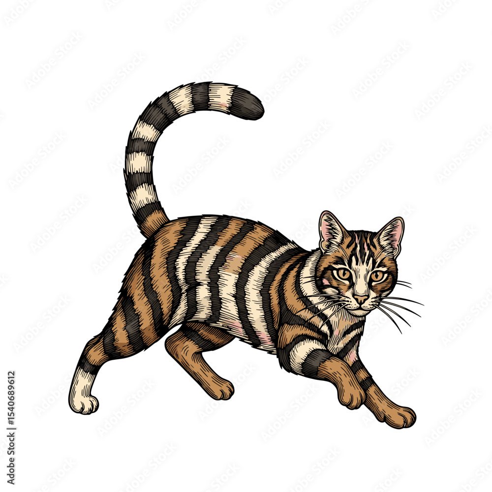 Obraz premium Illustration of a striped cat in a dynamic pose, with its tail raised, against a white background.