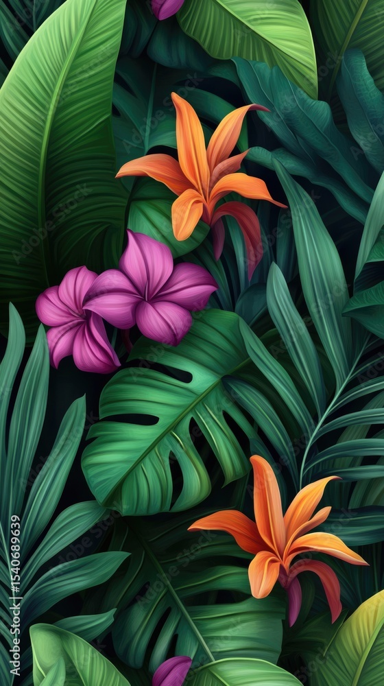 Flowers and foliage background. Tropical leaves and colorful flowers on foliage nature background. Flowers and foliage background. Tropical leaves and colorful flowers on foliage nature background.