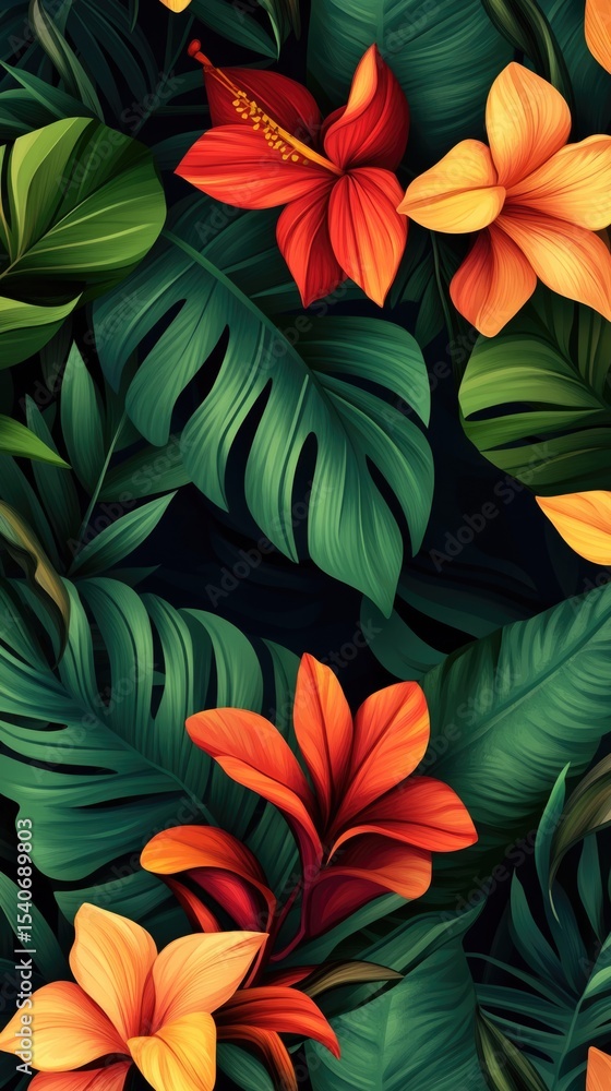 Flowers and foliage background. Tropical leaves and colorful flowers on foliage nature background. Flowers and foliage background. Tropical leaves and colorful flowers on foliage nature background.