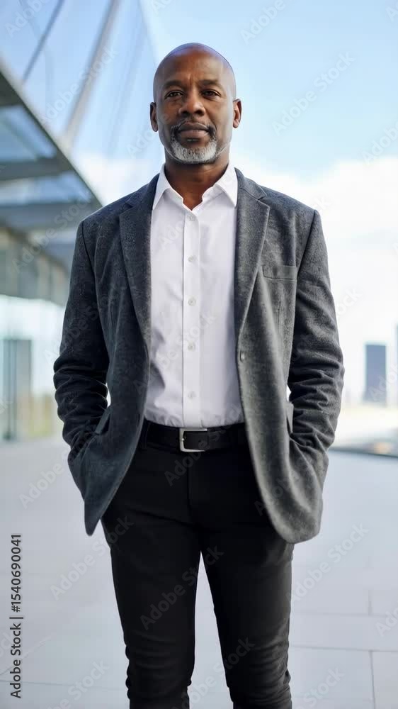 Confident African American businessman in jacket standing outside modern office building. Serious professional looking forward. Confident African American businessman in jacket standing outside modern office building. Serious professional looking forward.