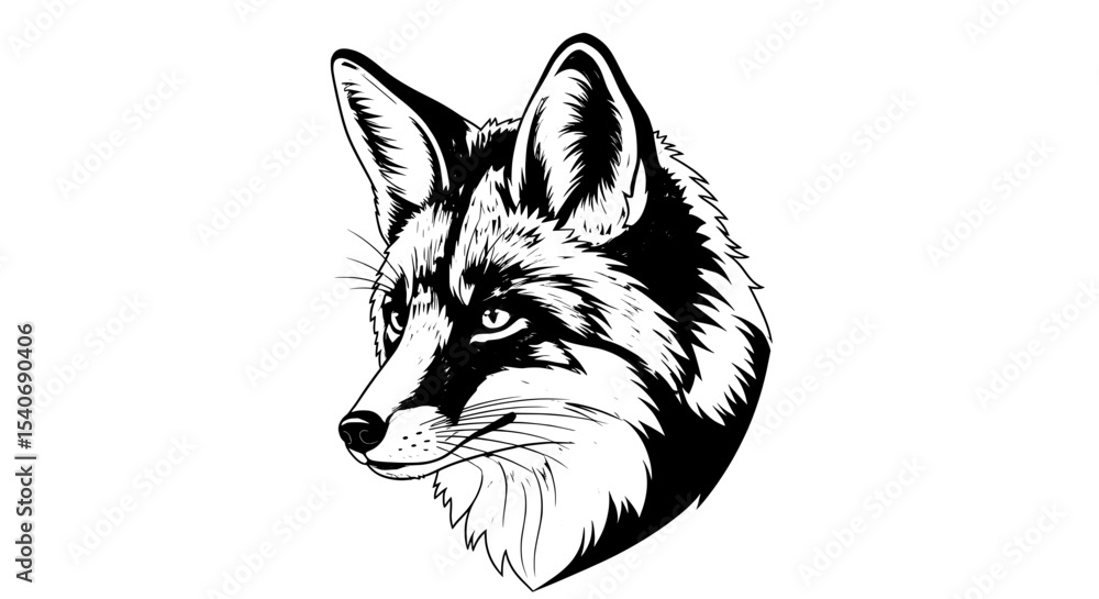 Fototapeta premium Realistic Fox Head Detailed Black and White Vector 