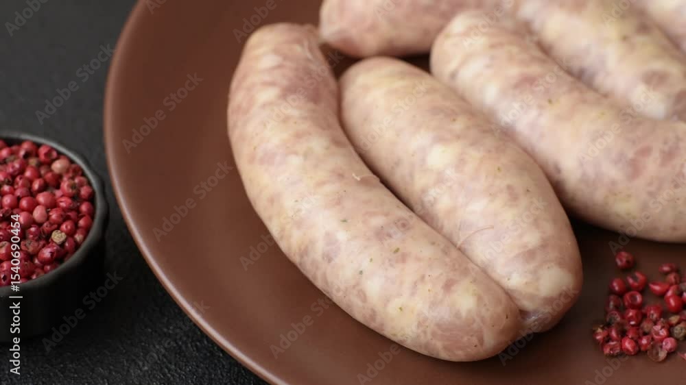 Raw meat sausages made from beef or pork, fresh meat for barbecuing or grilling. Raw sausages as a background for your design Raw meat sausages made from beef or pork, fresh meat for barbecuing or grilling. Raw sausages as a background for your design