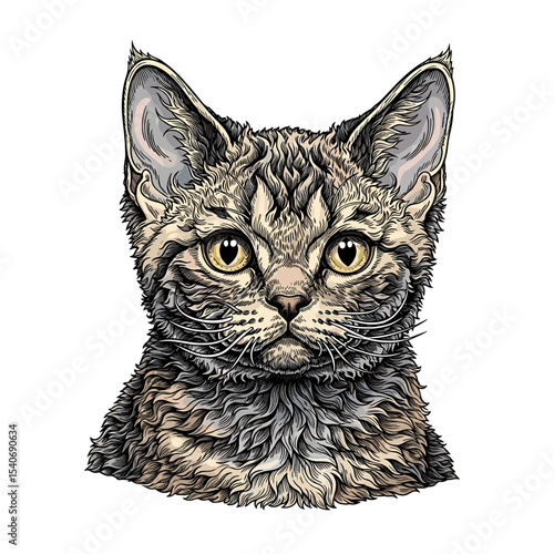 Detailed illustration of a fluffy kitten's head, showcasing intricate fur patterns and intense gaze.