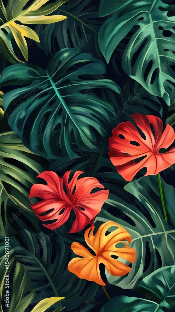 Flowers and foliage background. Tropical leaves and colorful flowers on foliage nature background. Flowers and foliage background. Tropical leaves and colorful flowers on foliage nature background.