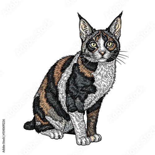 A detailed illustration of a sitting calico cat with attentive eyes, looking forward.