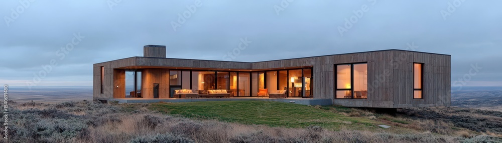 Modern Minimalist House with Green Lawn Set Against a Scenic Landscape, Perfect for Contemporary Architecture and Nature Photography Modern Minimalist House with Green Lawn Set Against a Scenic Landscape, Perfect for Contemporary Architecture and Nature Photography