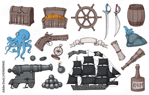 Pirate adventure collection. Hand drawn vector illustration. Sea design template. Elements for pirate-marine theme design. Pirate attributes.