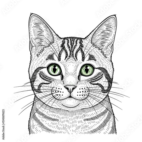 A detailed black and white illustration of a domestic cat's face, focused on the eyes.