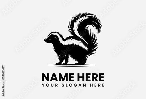 Black and white stylized logo of a skunk, featuring a detailed design of its body and bushy tail.