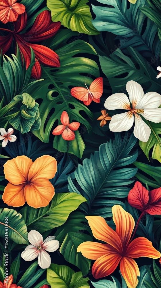 Flowers and foliage background. Tropical leaves and colorful flowers on foliage nature background. Flowers and foliage background. Tropical leaves and colorful flowers on foliage nature background.