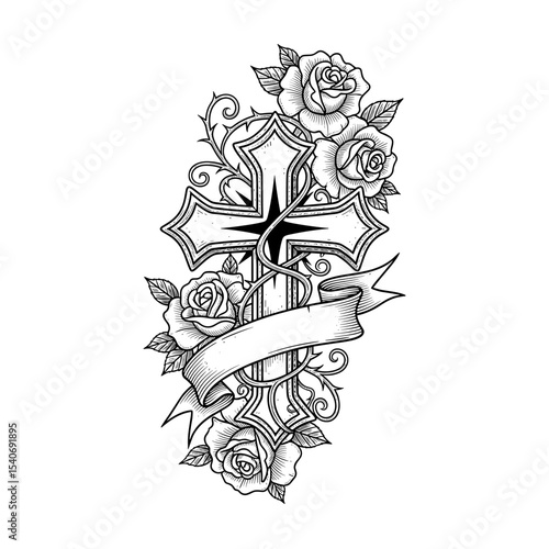 Ornate cross tattoo design with roses and banner.