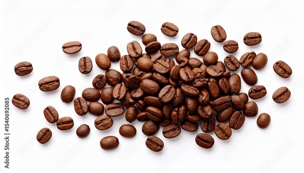 Obraz premium Scattered roasted coffee beans isolated on a clean white background, representing aroma, freshness, and natural texture.