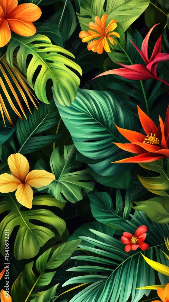 Flowers and foliage background. Tropical leaves and colorful flowers on foliage nature background. Flowers and foliage background. Tropical leaves and colorful flowers on foliage nature background.