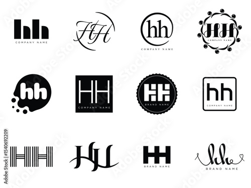 HH logo company template. Letter h and h logotype. Set different classic serif lettering and modern bold text with design elements. Initial font typography.