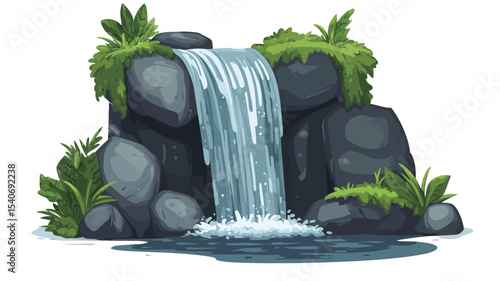 A digital illustration depicting a small waterfall cascading over dark grey rocks.  The rocks are textured and irregular in shape. Lush green plants and moss are visible at the top and sides of the