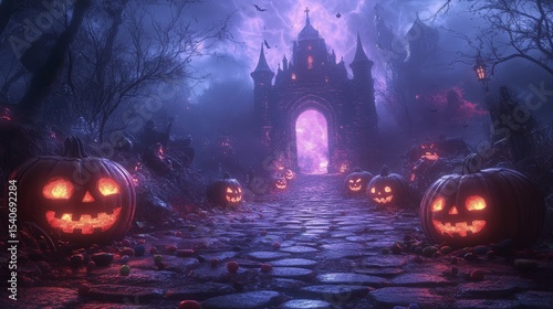 Eerie Halloween Night Leading to a Mystical Castle with Glowing Pumpkins