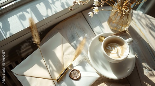 A cup of coffee and letters on a wooden table.