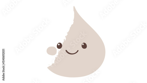 A digital illustration depicting a single, teardrop-shaped milk drop. The drop is white with a simple, cartoonish, smiling face featuring small black eyes, rosy cheeks, and a curved mouth.