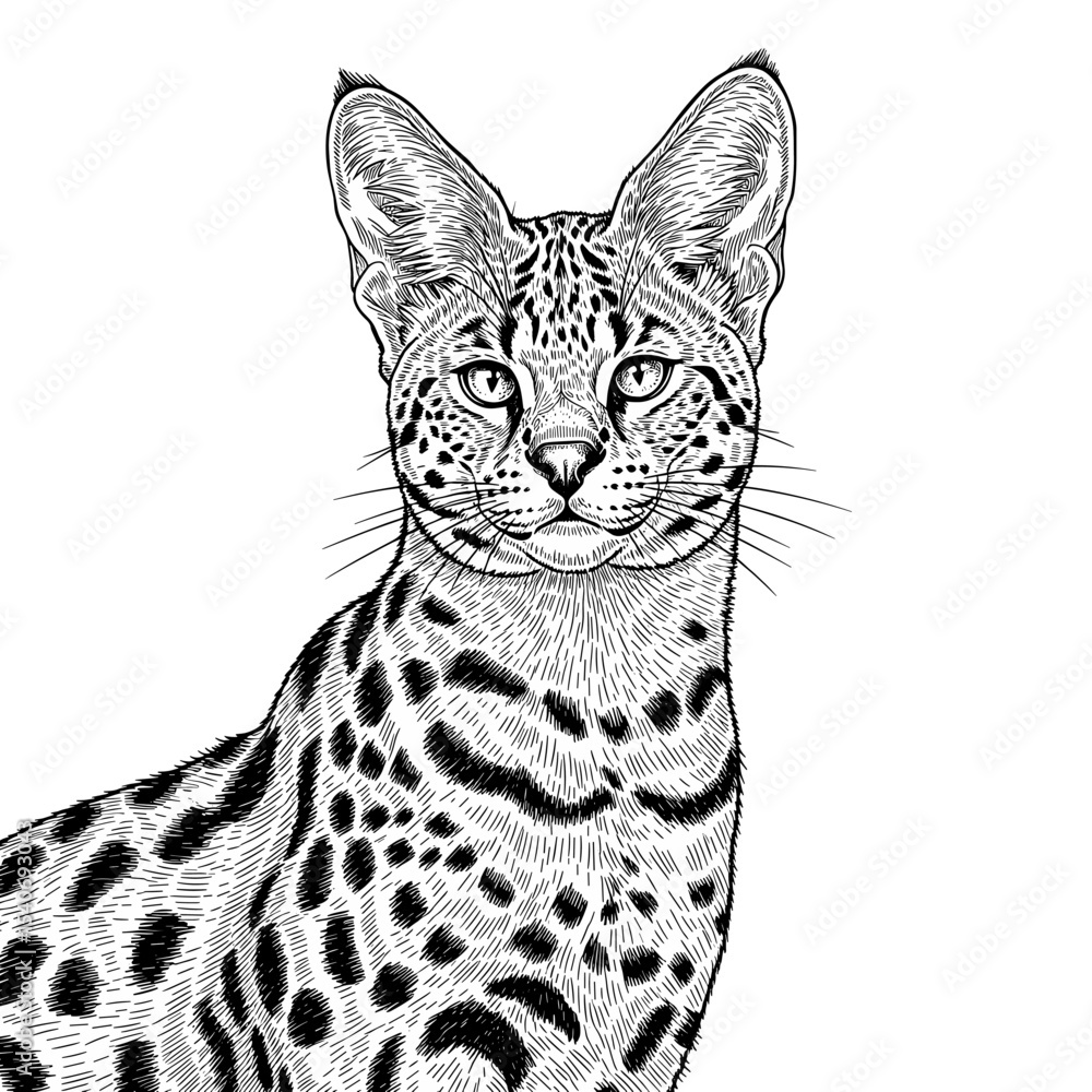Obraz premium Detailed black and white illustration of a spotted serval cat looking forward.