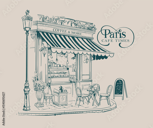 Paris street cafe hand drawn vector art, Vintage street coffee  shop with table and chair illustration, Retro vintage French café artwork for t shirt, poster, graphic print   