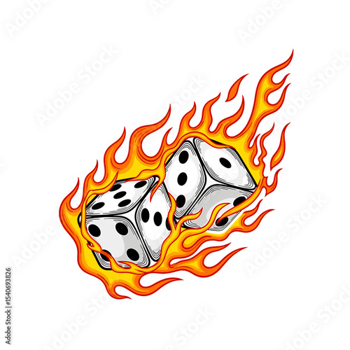 Flaming dice, a graphic design featuring dice engulfed in fiery flames.