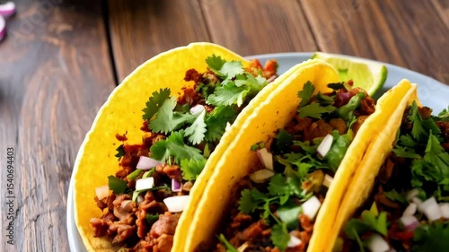 Delicious tacos with ground meat, onions, and cilantro served on a plate with limes and red salsa