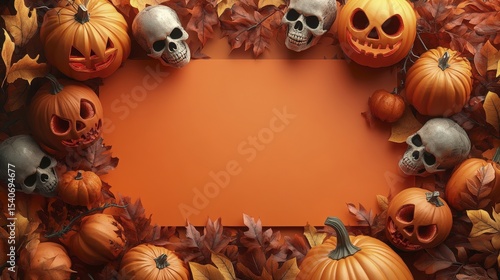 Halloween arrangement with pumpkins, skulls, leaves, and orange backdrop for creative content