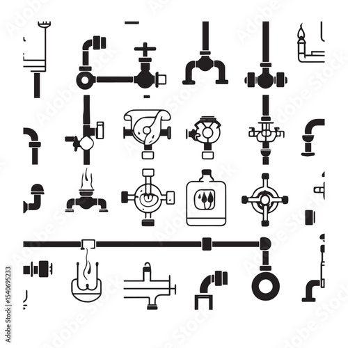 Black and White Illustration of Various Plumbing and Piping System Components