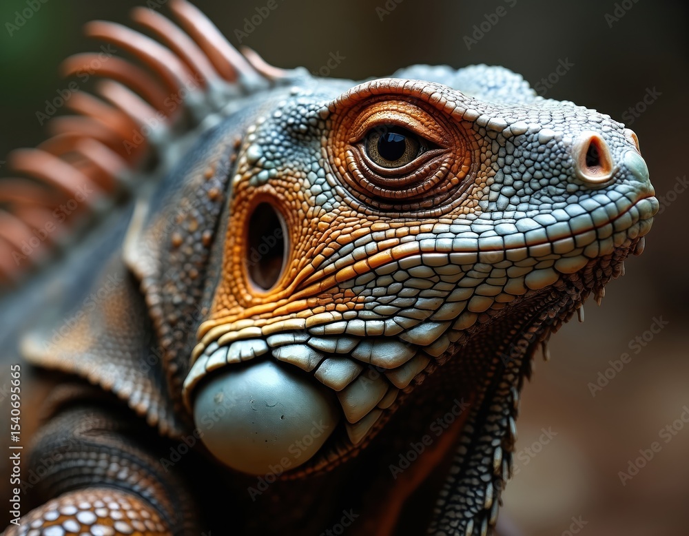 Fototapeta premium Close-up detail of iguana skin texture. Scaly reptilian skin, eye, scales, vibrant patterns. Reptile skin background, perfect for eco-conscious projects, reptile eco-system design. Wildlife exotic