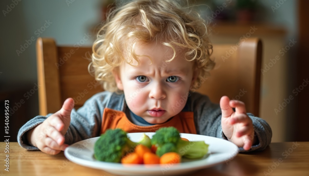 Child refuses eat vegetables broccoli carrots plate. Boy looks displeased. Healthy food nutrition concept. Picky toddler does like diet. Child at table rejects meal. Child refuses eat vegetables broccoli carrots plate. Boy looks displeased. Healthy food nutrition concept. Picky toddler does like diet. Child at table rejects meal.