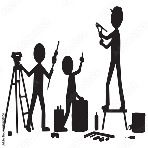 Silhouette Illustration Three Workers with Tools and Equipment in Black and White
