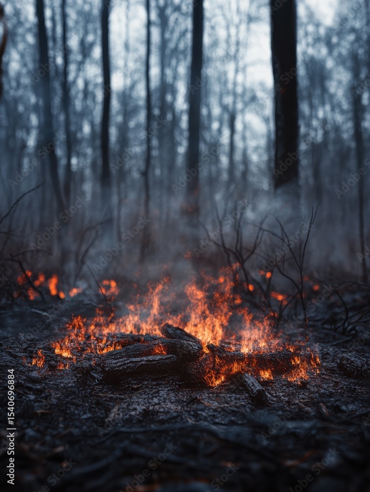 Burning forest ground with dead wood, smoke, and flames in misty atmosphere, creating haunting and dramatic scene of destruction and nature fury Burning forest ground with dead wood, smoke, and flames in misty atmosphere, creating haunting and dramatic scene of destruction and nature fury