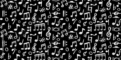 Handwritten pop music elements. Charcoal style seamless pattern. Scribble notes for bold, creative projects. Vector illustration of a cute kindergarten childish music school pastel or wax pencil signs