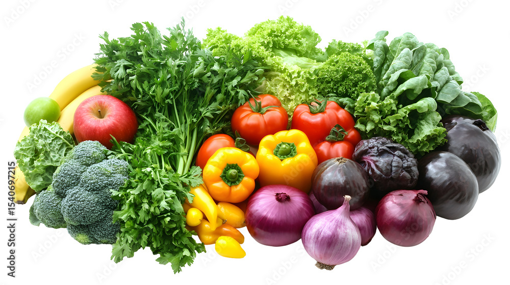 A variety of vegetables and fruits are displayed on a white background. Concept of abundance and freshness, as the colorful produce is spread out in a visually appealing manner