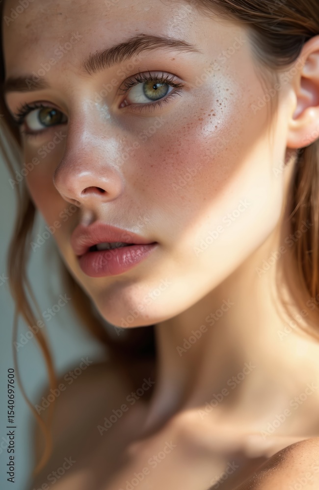Naklejka premium Young woman portrait, natural beauty. Soft skin with freckles. Glowing healthy face. Fresh look with minimal makeup, subtle lip gloss, bright spring light. Attractive female with serene, confident