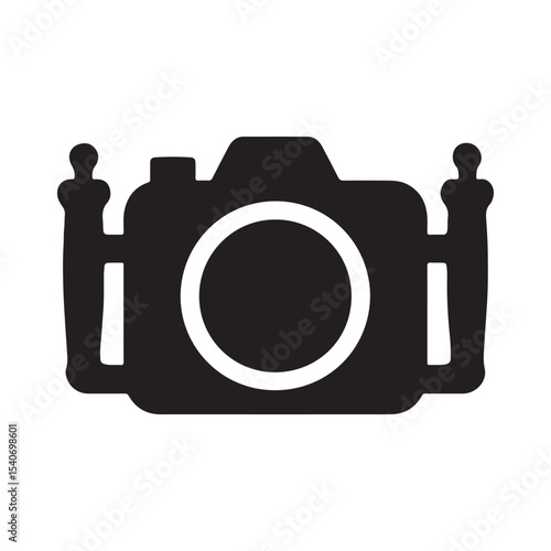 A simple black and white graphic of a camera with handles on either side and a circular lens shape