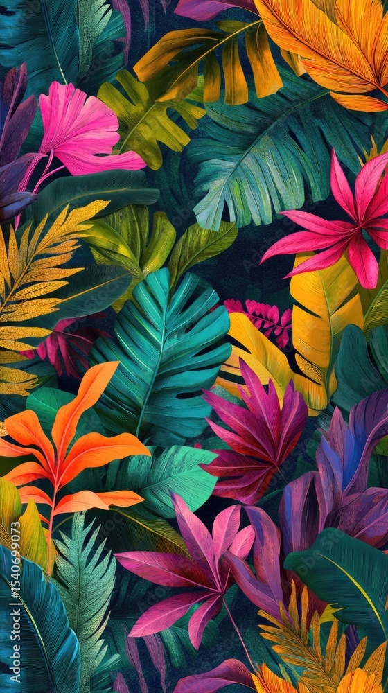 Flowers and foliage background. Tropical leaves and colorful flowers on dark foliage nature background. Flowers and foliage background. Tropical leaves and colorful flowers on dark foliage nature background.