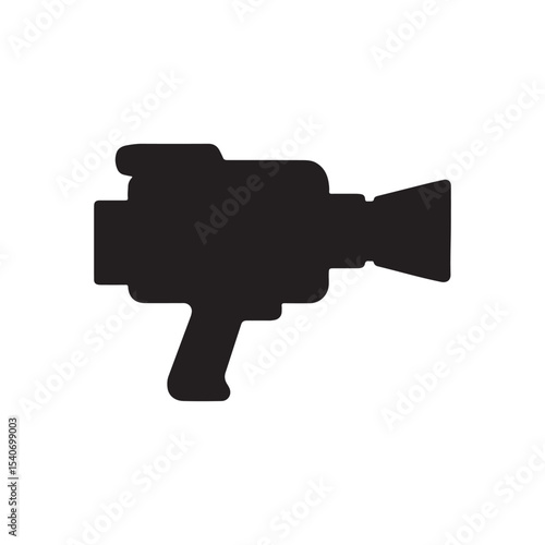 A silhouette of a vintage super eight camera with a pistol grip on a plain white background isolated