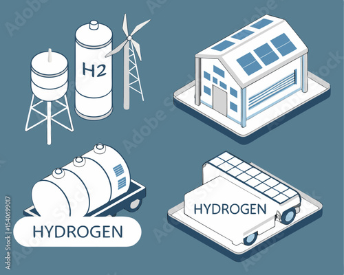Detailed isometric diagram showing the full hydrogen energy cycle, from renewable-powered production to storage and distribution via fuel cells and transport systems.
