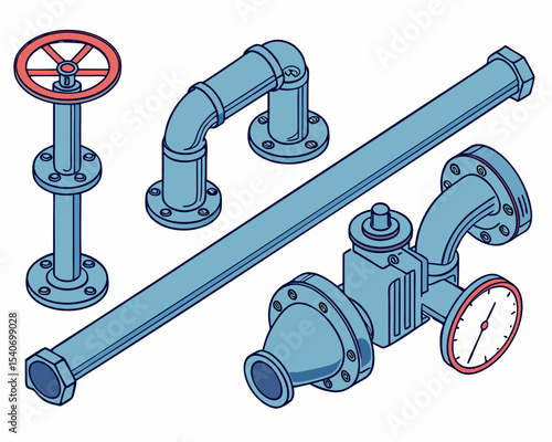 Isometric plumbing set featuring blue pipelines with control valves, flow meters, and connection joints for water or fluid systems.